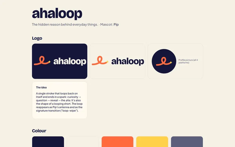 Ahaloop brand board with logo variants and colours
