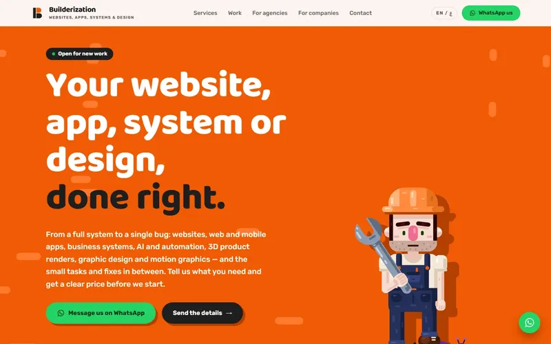 Builderization homepage hero with an illustrated character